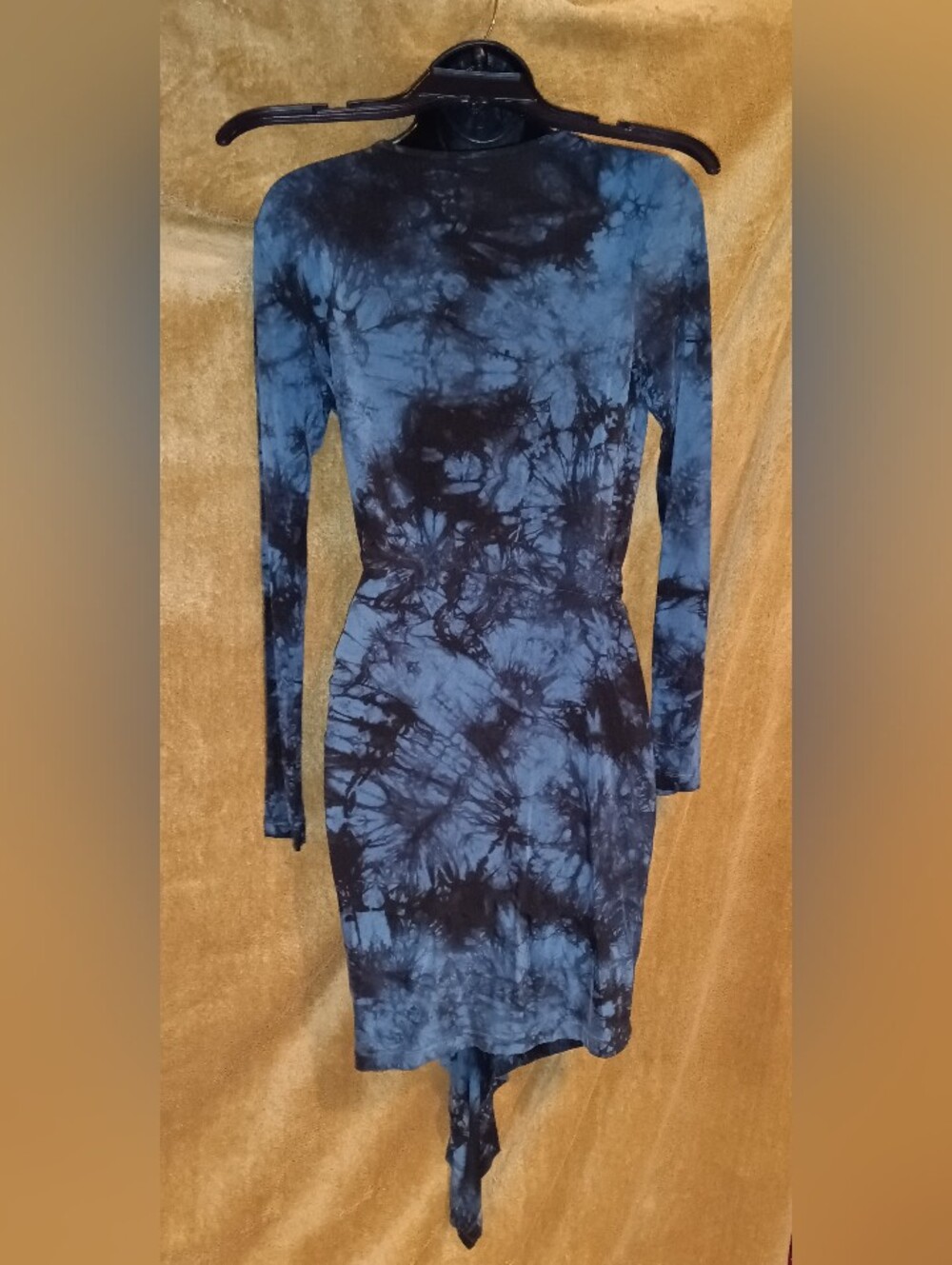 YFB XS Tie-Dye Stretch Navy Blue Long-Sleeve Knot Front Dress - Picture 2 of 5
